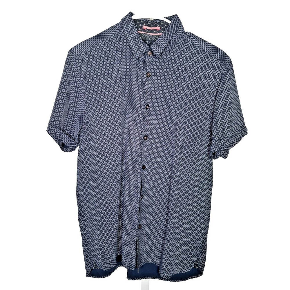 Ted Baker London Geo Print Shirt Mens Sz 4 Medium Navy Short Sleeve Button Down